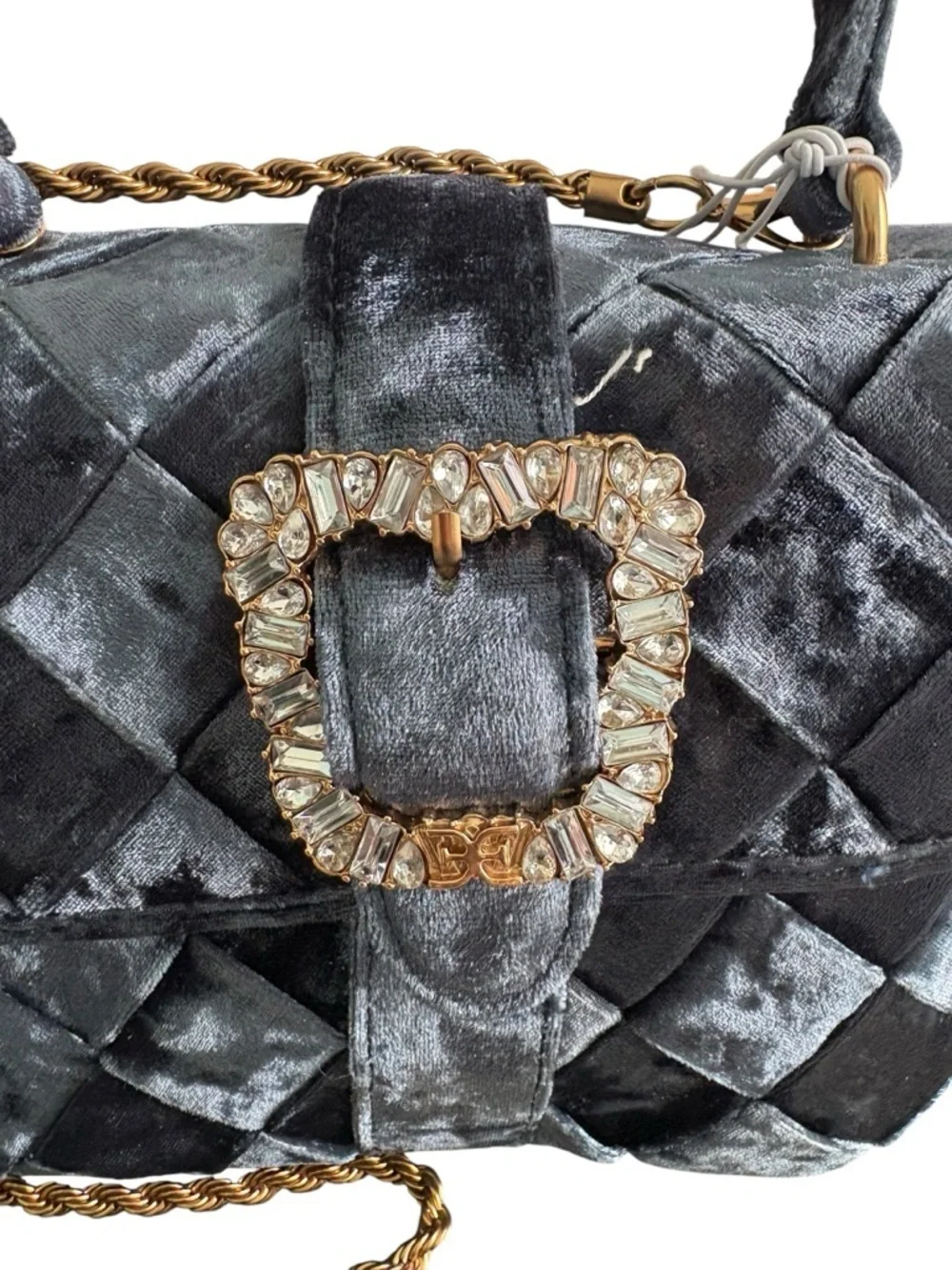 Sam Edelman Quilted Navy Velvet Satchel with Crystal Buckle